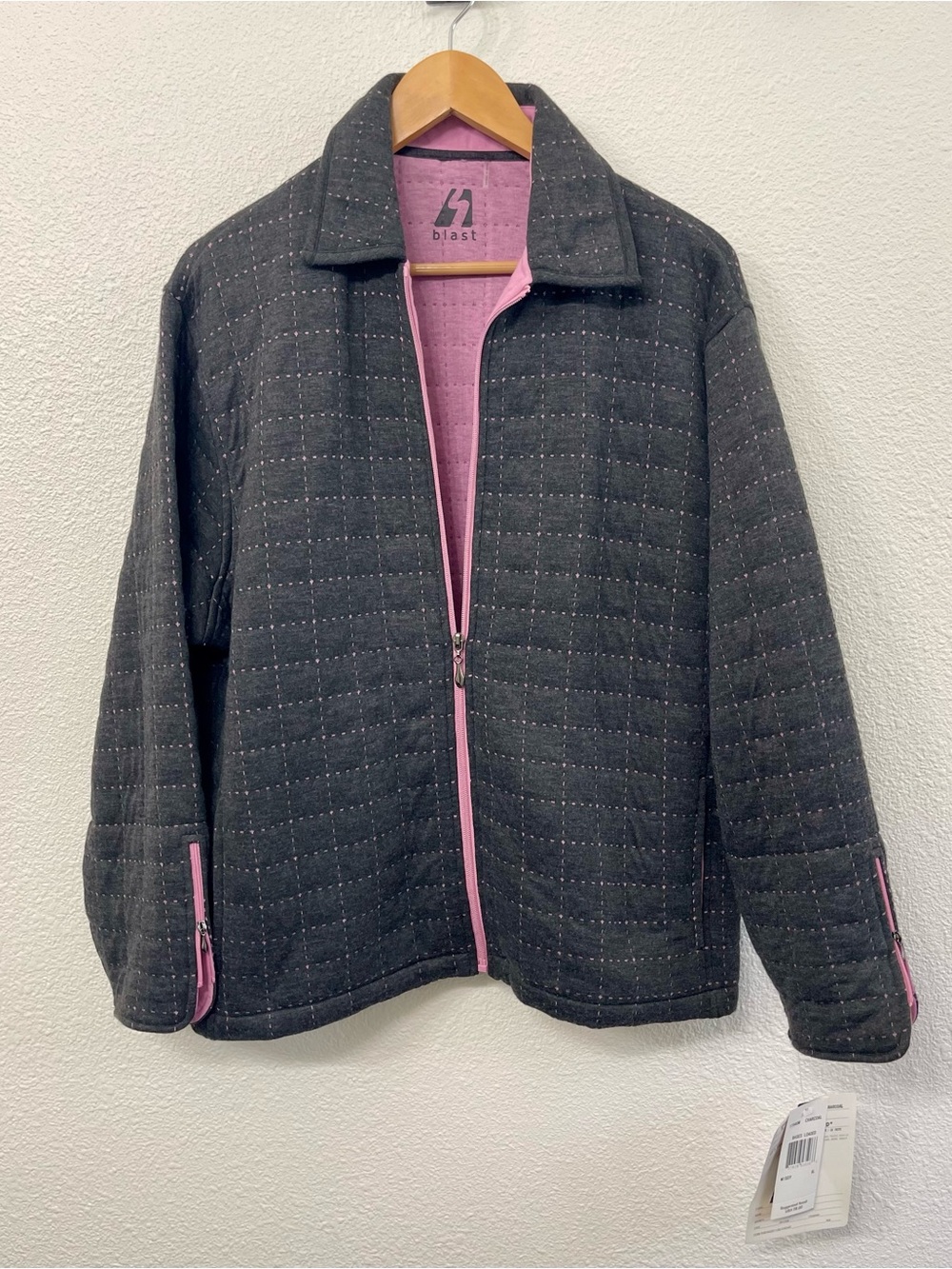 Blast Women's Charcoal Quilted Quilted Jacket with Pink Trim Zippers and Lining